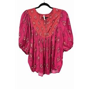 Anthropologie Estela Pink Floral Boho Babydoll Balloon Sleeve Sheer Top Large